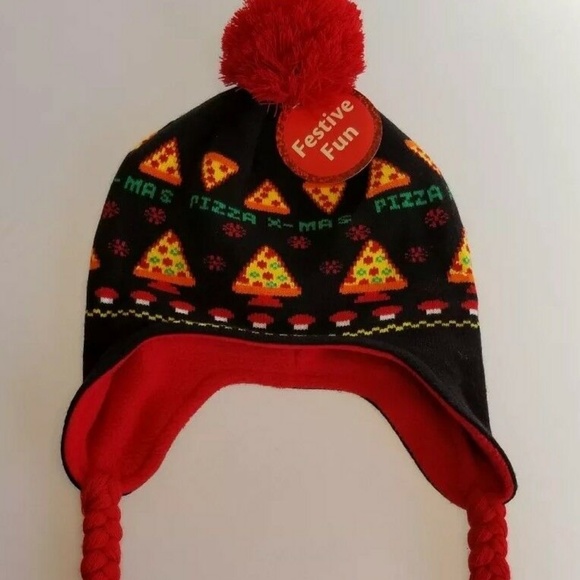 Holiday Christmas Earflap Novelty Festive Hat W/ Poms Lot of 2 Pizza NWT OS Holiday Christmas Earflap Novelty Festive Hat W/ Poms Lot of 2 Pizza NWT OS